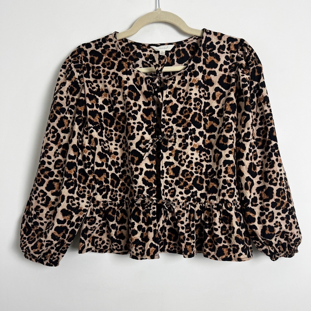 Sim & Sam Leopard Print Babydoll Peplum Tie Front Long Puff Sleeve Boho Top Sz L